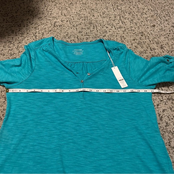 NWT Chico’s Aqua Azul Cotton Slub Henley Elbow Basic Knit Short Sleeve Top Sz L - Picture 7 of 10